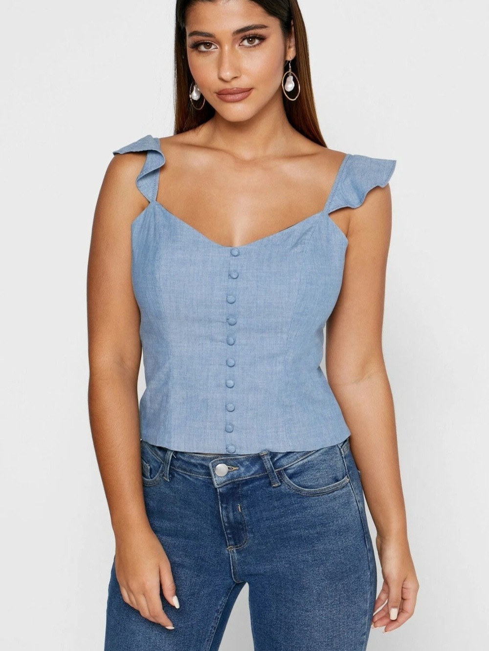 Banana Republic Chambray Ruffle Strap Button Front Cropped Cami | Blue | Small